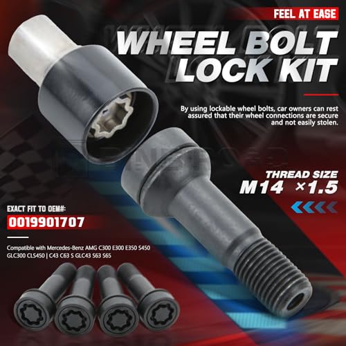 Lockable Wheel Bolt Rim Locks M14 X 1.5 Compatible with Mercedes-Benz AMG C300 E300 E350 S450 GLC300 CLS450 C43 C63 S GLC43 S63 S65 (Replaces 0019901707 A0019901707) - color: Long Screw
