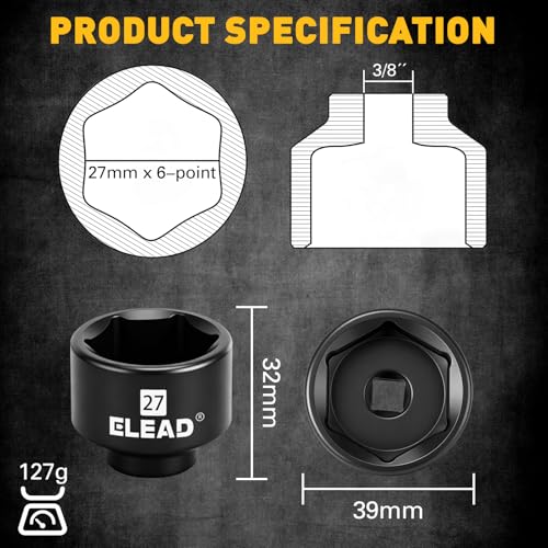 ELEAD 27 mm Oil Filter Socket Wrench, Metric Oil Filter Wrenches, 3/8'' Drive 6-Point Oil-Filter Removal Tool, Low Profile Design for Easy Removal, Chrome Vanadium Steel Oil-Change Tool - style: 27mm
