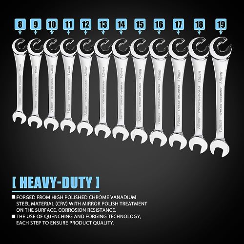 LOSCHEN 12pcs/set 8-19mm Metric Ratcheting Wrench Combination Wrench Set with 72 Teeth, Chrome Vanadium Steel Tubing Ratchet Spanner（US and European Patents） - size: Metric set/12pcs