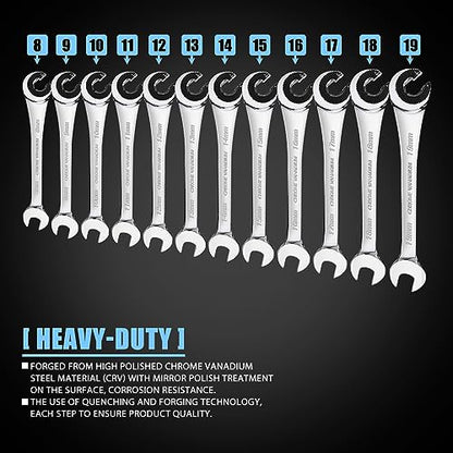 LOSCHEN 12pcs/set 8-19mm Metric Ratcheting Wrench Combination Wrench Set with 72 Teeth, Chrome Vanadium Steel Tubing Ratchet Spanner（US and European Patents） - size: Metric set/12pcs