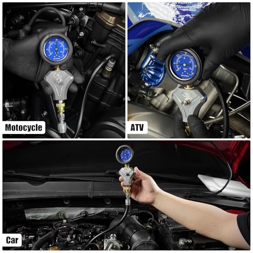 NICECNC Engine Cylinder Compression Tester Kit with 10 mm, 12 mm, and 14 mm Spark Plug for 2-Stroke and 4-Stroke Engines Compression Gauge Tool & Routine Quick Engine Checks