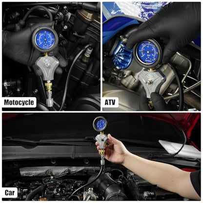 NICECNC Engine Cylinder Compression Tester Kit with 10 mm, 12 mm, and 14 mm Spark Plug for 2-Stroke and 4-Stroke Engines Compression Gauge Tool & Routine Quick Engine Checks