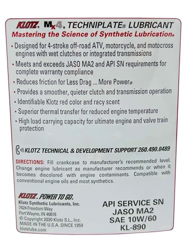 Klotz MX-4 TechniPlate, Hi-Performance Synthetic Motor Oil Lubricant for 4-Stroke Off-Road Racing Motorcycle & ATV Engines | 10W-60 – KL-890 – 1 Quart - size: 10W-60