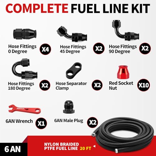 6AN PTFE Fuel Line Kit, 6AN 20FT E85 Nylon Braided PTFE Fuel Line Hose With AN6 Hose End Fitting & AN Fitting Wrench for LS Swap EFI System - color: Black & Red, size: 6AN 20FT