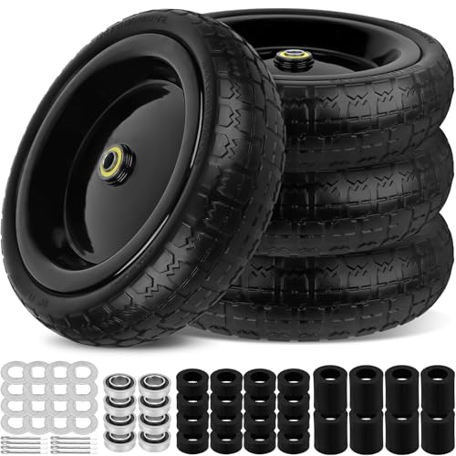 13 Inch Flat Free Wheels Tires 4.00-6 Solid Replacement with Universal 5/8" Axle Bore Hole, 16 Spacers and 8 Pins, for Wheelbarrow, Garden Wagon, Hand Truck, Trolley, Lawn Mower, 4 Pack - color: Black, size: 13" - 4P