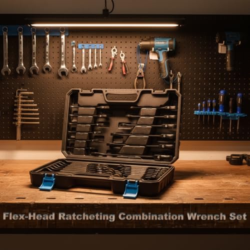 26-Piece Flex-Head Ratcheting Wrench Set, SAE & Metric, 12 Point, 72-Tooth Ratchet, Chrome Vanadium Steel, With Organizer Box