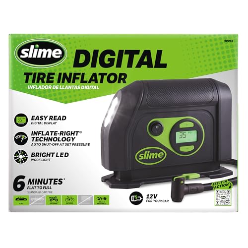 Slime 40088 Tire Inflator, Portable Car Air Compressor, Inflate Right automatic shut off, with Digital 99 psi Display, Long Hose and LED Light, 12V, 6 min inflation - style: Digital Tire Inflator
