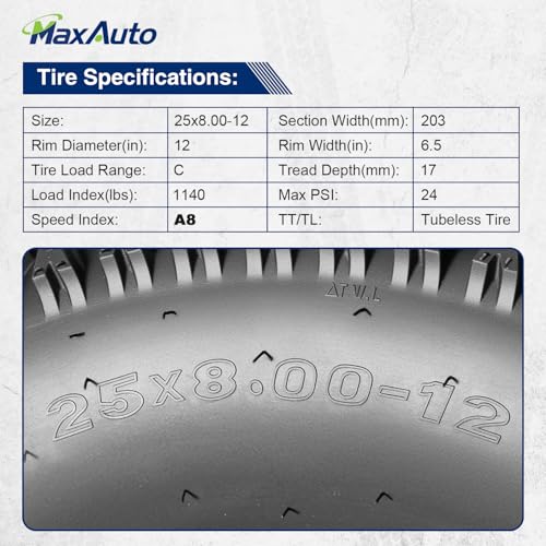 MaxAuto 25x8-12 Hilly Lawn ATV Tires, 25x8x12 Mud Sand Off-Road Tire, 17MM Deep Tread, 6PR Tubeless, 2 Pack - size: 25x8.00-12