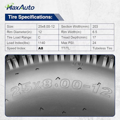 MaxAuto 25x8-12 Front & 25x10-12 Rear ATV Hilly Lawn All Terrain Tires, 6PR Tubeless, 4 Pack - size: 25x8.00-12 & 25x10.00-12