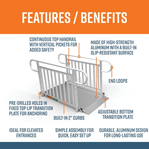 EZ-ACCESS - Portable Wheelchair Ramp and Aluminum Ramp with Handrails - Heavy Duty Mobility Device, Handicap Ramp with Solid Surface for Steps, and Vertical Picket Handrails - 3G 5-Foot, Silver - size: 60 Inch (Pack of 1), style: Ramp + vertical picket ra