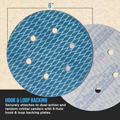 ProductionShop Premium 120 Grit 6" Rhombus Diamond Shape Blue Sanding Discs, 6-Hole, Box of 50 - Hook & Loop Anti-Clogging J-Cloth Dustless Sandpaper for Random Orbital Sanders, Sand Auto Paint, Wood - style: 120 Grit