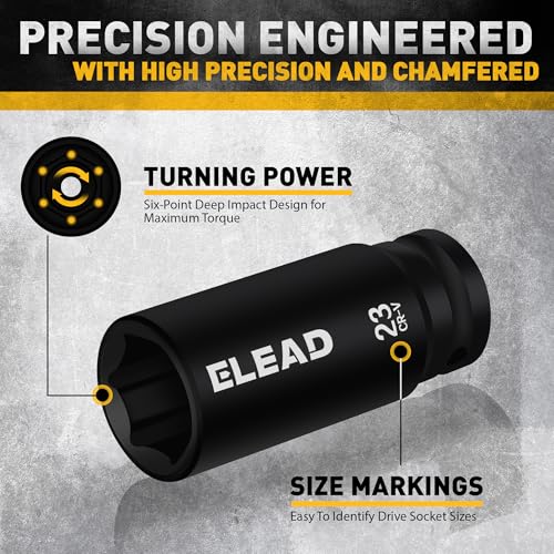 ELEAD 1/2" Drive Deep Impact Socket Set: 30-Piece Standard SAE (3/8 to 1 Inch) and Metric (10-24mm) Size, 3" and 5" Drive Extension Bar, Ratchet Handle, Bit Adapter, CR-V Steel for Auto Repair - color: 30pcs 1/2'' Drive Impact Socket Set Black