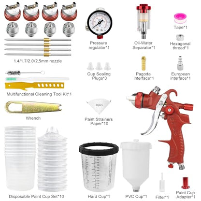 HVLP Spray Gun, Automotive Paint Guns w/ 4 Nozzles, 10x 22oz Cups - color: Red