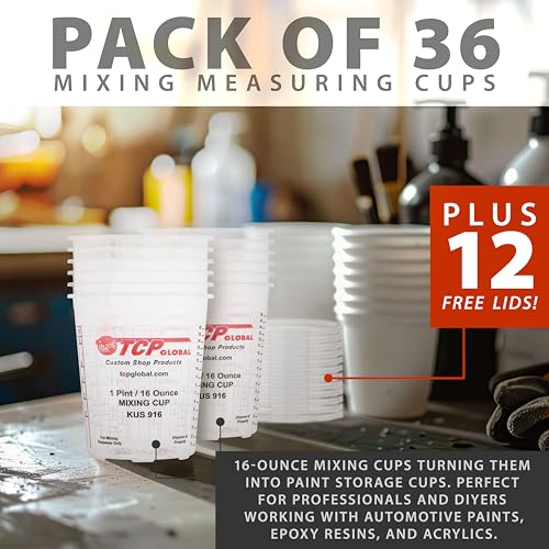 Custom Shop Paint Mixing Cups, 16-Ounce, Box of 36, Plastic Measuring Cups - color: Cups - Pack of 36 + 12 Lids