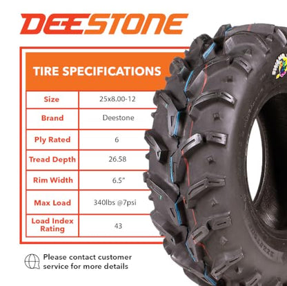 Deestone 25x8.00-12 D932 Swamp Witch Tire – 43F 25x8x12 – 6 Ply T/L – ATV Off-Road Traction - size: 25/8.00-12