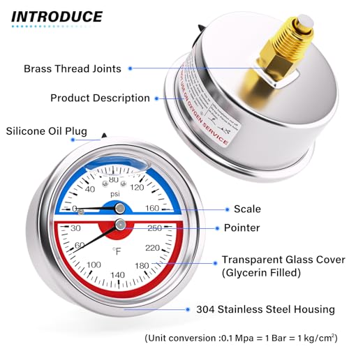 MEANLIN MEASURE 0-160Psi Stainless Steel Thermal Pressure Gauge 30-250℉ 1/4" NPT 2.5" FACE DIAL Liquid Filled Pressure Gauge, with 1/2" NPT and 3/8" NPT Hex Bushing, Back Mount - size: Back Mount, style: Liquid Filled