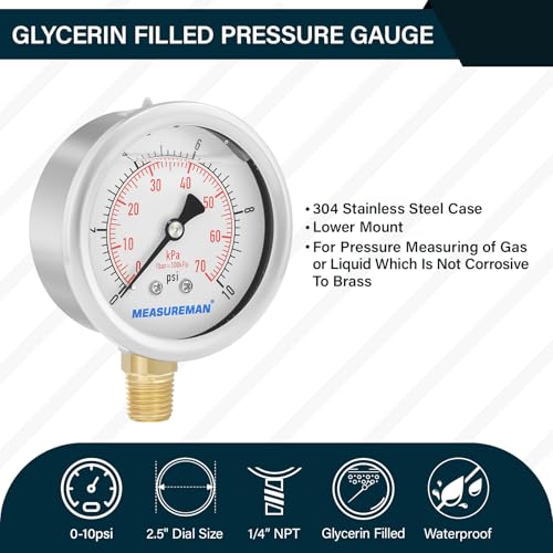 MEASUREMAN 2-1/2" dial,Glycerin Filled, Stainless Steel case, Brass Inside, 0-10psi/kpa,1/4" NPT Lower Mount - size: 0-10 psi, style: Lower Mount