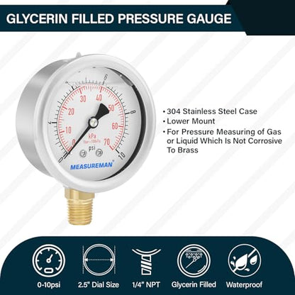 MEASUREMAN 2-1/2" dial,Glycerin Filled, Stainless Steel case, Brass Inside, 0-10psi/kpa,1/4" NPT Lower Mount - size: 0-10 psi, style: Lower Mount