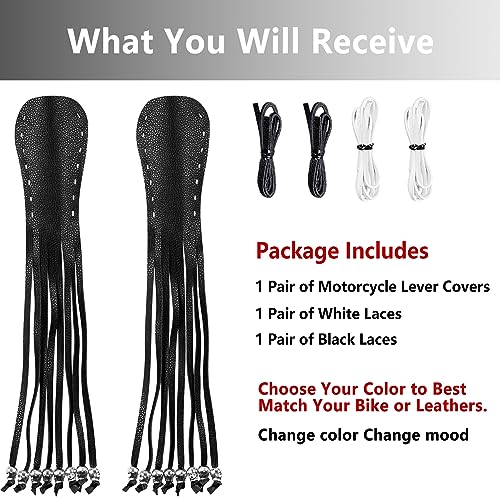 2 PCS Faux Leather Motorcycle Lever Covers with Fringes, Brake & Clutch Grip Tassels, Skull Design - color: Black & White Laces*1 & Black Laces*1