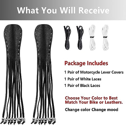 2 PCS Faux Leather Motorcycle Lever Covers with Fringes, Brake & Clutch Grip Tassels, Skull Design - color: Black & White Laces*1 & Black Laces*1