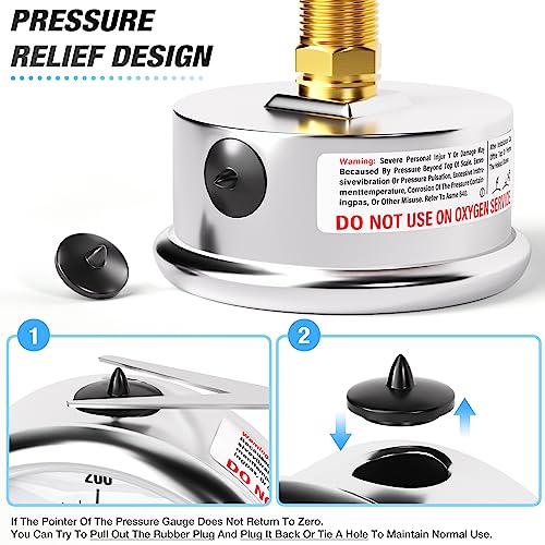 MEANLIN MEASURE 0~400Psi Stainless Steel 1/4" NPT 2.5" FACE DIAL Liquid Filled Pressure Gauge WOG Water Oil Air Center Back Mount, with 1/2" NPT and 3/8" NPT Hex Bushing - size: 0-400Psi