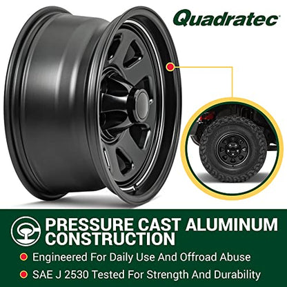 Quadratec CJ Retro 17" Alloy Wheel, Satin Black - 5x5 Bolt Pattern with 5.2" Backspace - 17x8.5 (+11mm Offset) - Fits Jeep JT, WK, WK2, JK, JL, JKU, JLU 05-22 - Hub Centric Alloy Aluminum Wheel - color: Satin Black