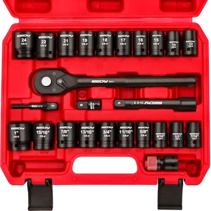 1/2" Drive Socket Wrench Set: 25-Piece SAE & Metric Impact Socket Ratchet Wrench Tool Set Socket Assortment with Storage Box for Repair Mechanic Garage - style: 1/2"Drive (25 PCS)