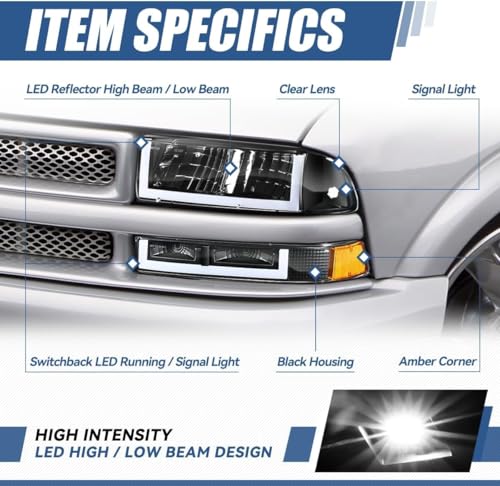 Auto Dynasty 4Pcs Switchback U-LED DRL Headlights Assembly and Bumper Lamps Compatible with Chevy Blazer S10 1998-2004, Driver and Passenger Side, Black Housing - color: Black / Amber, size: U-Style LED DRL