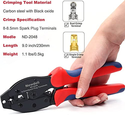 Ratchet Spark Plug Wire Crimper Set, Newdeli 25Pcs Spark Plug Crimping Tool and 180 Degree/90 Degree/Straight Spark Plug Coil Terminals Boots Set for Crimping and Stripping Spark Plug Ignition Wire - style: ND-2048 for spark plug wires