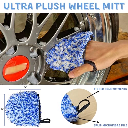 oesee 7PCS Car Wheel Rims Detail Cleaning PRO Wash Kit, Wheel Wash Mitt, Tire Brush, 2PCS Soft Wheels Brush, Detailing Brush, and Tire Dressing Pads, Microfiber Dry Towel Scratch-Free Cleaning - color: Blue/Black, size: 7-Pack