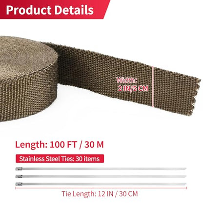 2" x 100' Titanium Exhaust Wrap Basalt Fiber with 30 Metal Ties - color: Titanium, size: 2'' x 100'