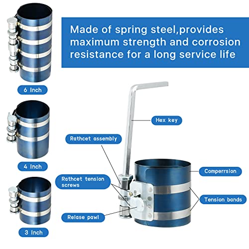 8Pcs 3" 4" 6" Piston Ring Compressor, Car Engine Piston Ring Compressor Tool with Pliers, Hex key and Stainless Steel Feeler Gauge, Piston Ring Installation Tool for Car Engine