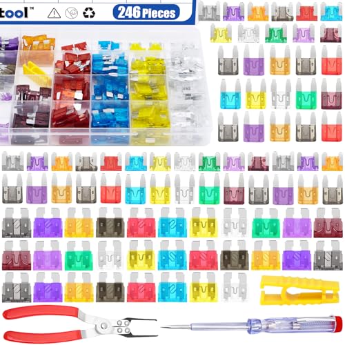 257Pcs Auto Fuse Assortment Kit with Circuit Tester and Relay Puller Pliers, Micro, Mini, Standard Blade Fuses for Car Boat Truck SUV (2A 3A 5A 7.5A 10A 15A 20A 25A 30A 35A 40A)