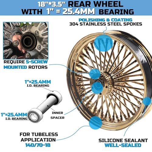 FatFlex Rear Wheel for Harley Dyna Softail Touring 18” Gold Fat Spokes - color: 18" x 3.5", Gold+Gold+Gold