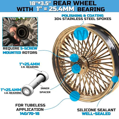 FatFlex Rear Wheel for Harley Dyna Softail Touring 18” Gold Fat Spokes - color: 18" x 3.5", Gold+Gold+Gold