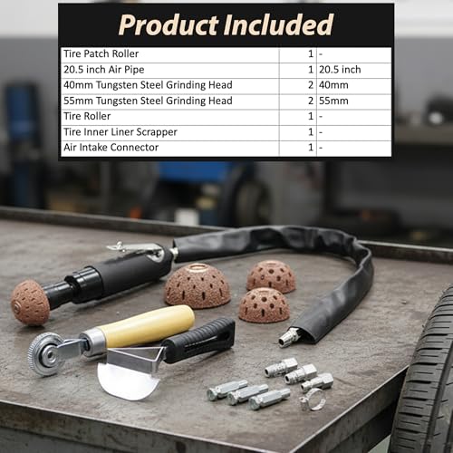 Tire Repair Kit, 2500RPM Low Speed Air Tire Buffer, Pneumatic Tire Repair Tool with 55mm 40mm Tungsten Steel Buffing Wheels, Tire Roller, Tire Inner Liner Scraper for Tire Repair Patch Tools