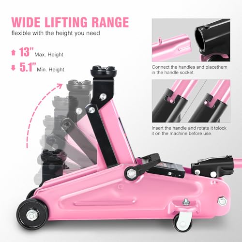 DNA Motoring Low Profile Hydraulic Trolley Service/Floor Jack, 2 Ton (4000 lbs) Capacity, Lifting Range 5.1"-13", Pink, TOOLS-00474-PK - color: Pink, style: 2 ton