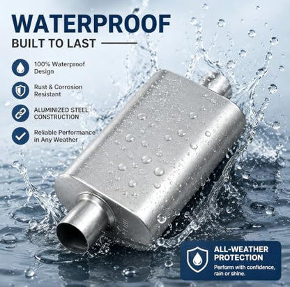 Universal 2.5" ID Center/Center Dual Chamber Muffler - Aggressive Deep Sound, Silver Aluminized Steel, Welded/Clamp-On (17" Total Length) - color: Silver, size: 2.5 Inch