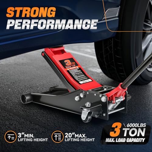 Auto Dynasty 3 Ton Low Profile Floor Jack, Heavy Duty Steel Hydraulic Car Jack with Dual Pistons Quick Lift Pump, Hydraulic Racing Floor Jack, Lifting Range 3" to 20", Black/Red - color: Black/Red, size: 3T Dual Pump