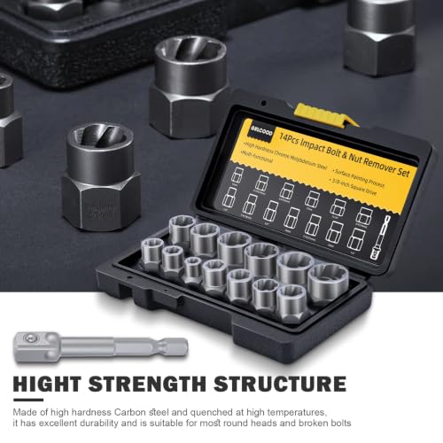 Bolt Extractor Kit, 14 PCS Impact Bolt & Nut Remover Set with 3/8 Inch Adapter, Upgrade Stripped Bolt Extractor Socket Set with Portable Tool Box, Easy Out for Rusted, Damaged, Round Bolt Nuts Screws