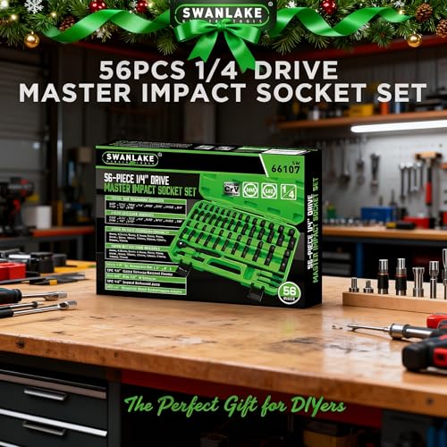 SWANLAKE 1/4" Drive Impact Socket Set, 56-Piece Standard SAE (5/32 to 9/16 inch) and Metric (4-15mm) Size, 6 Point, Cr-V, 1/4-Inch Drive Ratchet Handle, Drive Extension Bar, Impact Universal Joint - style: 1/4'' 56PCS