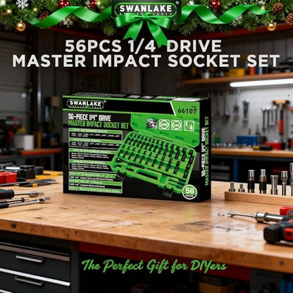 SWANLAKE 1/4" Drive Impact Socket Set, 56-Piece Standard SAE (5/32 to 9/16 inch) and Metric (4-15mm) Size, 6 Point, Cr-V, 1/4-Inch Drive Ratchet Handle, Drive Extension Bar, Impact Universal Joint - style: 1/4'' 56PCS