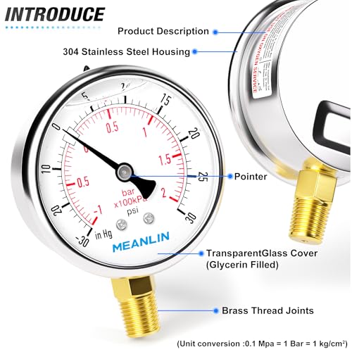MEANLIN MEASURE -30inHG~30Psi Stainless Steel 1/4" NPT 2.5" FACE DIAL Vacuum Pressure Gauge, Lower Mount, with 1/2" NPT and 3/8" NPT Hex Bushing - size: -30inHG-30Psi