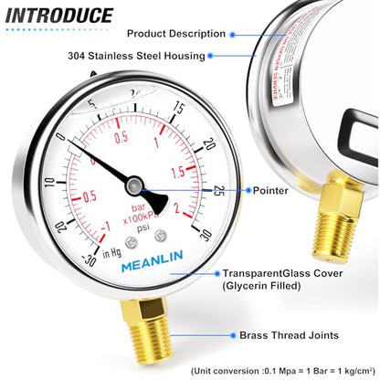 MEANLIN MEASURE -30inHG~30Psi Stainless Steel 1/4" NPT 2.5" FACE DIAL Vacuum Pressure Gauge, Lower Mount, with 1/2" NPT and 3/8" NPT Hex Bushing - size: -30inHG-30Psi