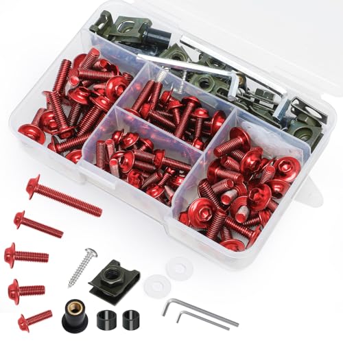 177Pcs Motorcycle Fairing Bolt Kit Red, M5 M6 Stainless Steel - color: Red
