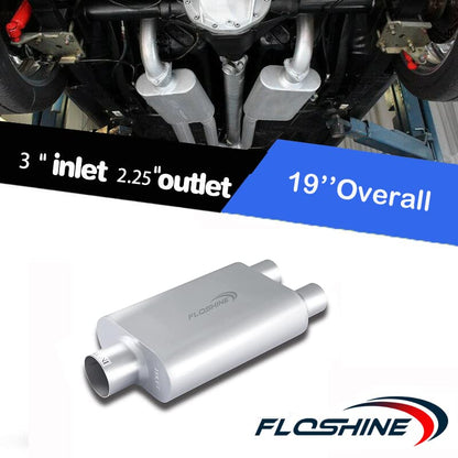 Universal Mufflers Performance Automotive Exhaust Aluminized Steel Muffler Dual Chamber 3" center inlet (ID) 2.25" dual outlet (ID) FH430422 - color: Silver, size: 3" in - 2.25" dual out