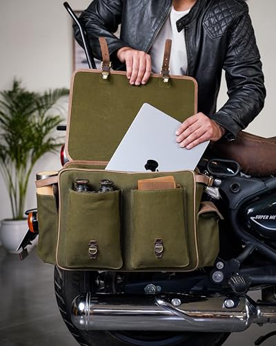 Trip Machine Company Expedition Motorcycle Saddle Bags – 25L Each (50L Pair) 16oz Heavy-Duty Canvas & Leather Panniers, Waterproof Lining with Rain Cover (Left Side, Green) - color: Green, style: Left Side