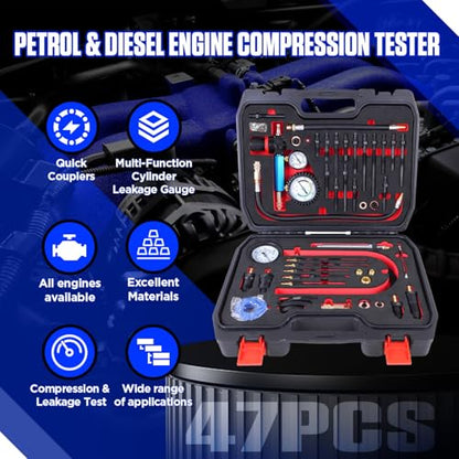 Compression and Leakage Test Kit 47PCS Petrol & Diesel Engine Compression Tester Automotive Cylinder Leak Down Tester Kit with Dual Gauge Engine Compression Tester Kit for HDi, TDCi, Pumpe Duse Engine - color: Black