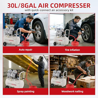 Ultra Quiet Air Compressor, Only 68dB, 8 Gallon Tank, Oil-Free, 110V/60Hz 1.75HP, 7.42CFM@115PSI, Air Compressor Perfect for Spray Painting, Auto Repair, Tire inflation, Woodwork nailing - size: 8 Gallon