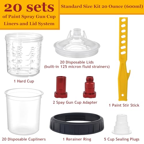 Disposable Paint Cup 20 Ounce (600 ml) Kit - 20 Paint Mixing Cups Liner, 20 Filter Lids, 2 Spray Gun Adapters, 5 Sealing Plugs, 1 Hard Cup，1 Sealing Ring, 1 Stirrer, for Car & DIY Painting
